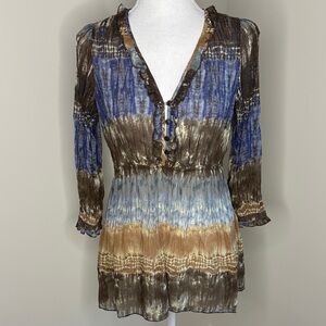 New Directions Blue and Brown Ruffle V Neck Blouse with Elastic Waist. Medium